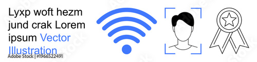 Communication, technology, authentication, user identity, achievement, certification. wireless symbol, face recognition and ribbon icon. Communication and authentication illustration