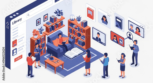 Isometric Illustration of Online Library and Virtual Meeting Space.