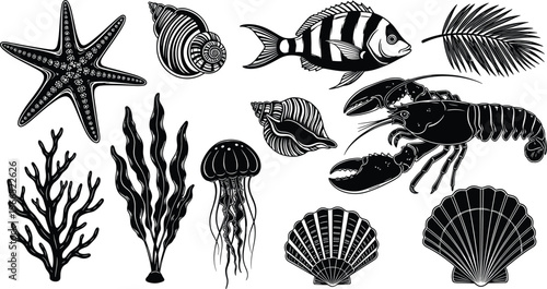 Marine Life Vector Set with Silhouettes of Starfish, Fish, Lobster, Shells, Coral, Seaweed, Jellyfish, and Palm Leaf for Ocean, Nautical, and Wildlife Illustrations