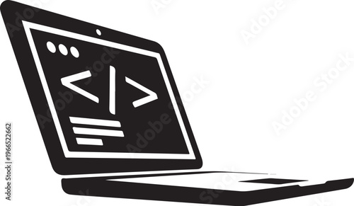 Laptop with coding symbols on screen in black and white