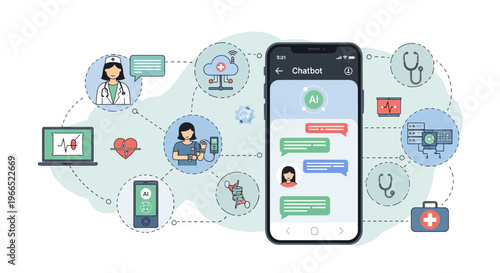 Illustration of a smartphone displaying a chatbot interface, surrounded by icons representing healthcare services, medical professionals, and digital health technologies.