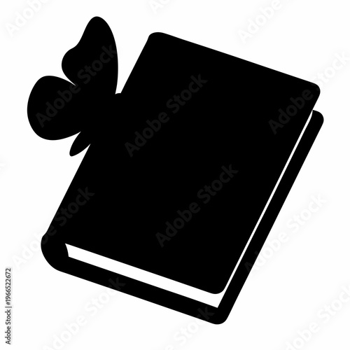 Black silhouette illustration of a book with butterfly landing on top