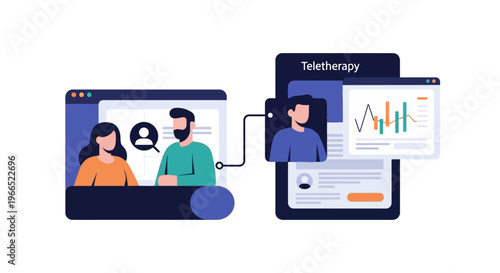 Illustration depicting teletherapy session with patients and therapist connected via digital devices, showing data analysis.