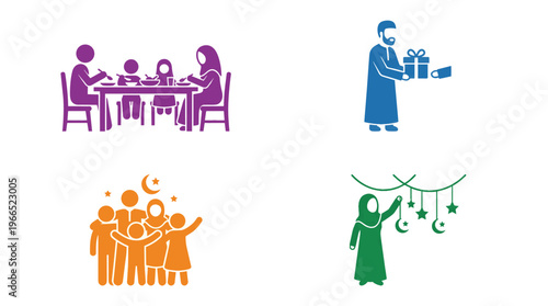 Family celebrating eid al-adha with icons