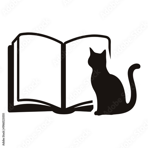 A black silhouette of a cat sitting next to an open book