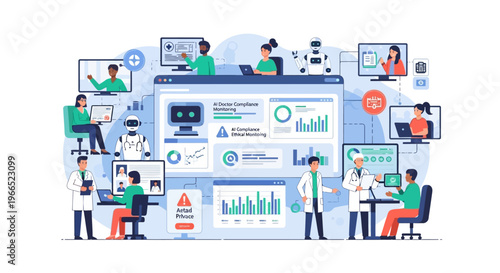 Diverse team of professionals collaborating on a digital dashboard with AI and robotics integration, showcasing data analysis and remote teamwork.