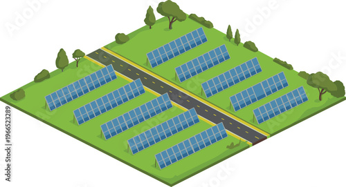 Isometric solar power plant with panels along road, renewable energy farm, green technology, sustainable electricity generation, eco friendly infrastructure concept