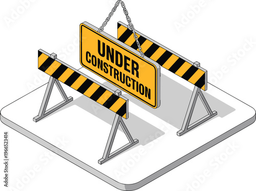Isometric under construction sign with barricades road safety warning barrier traffic control construction zone equipment illustration