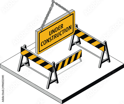 Isometric under construction warning sign with striped barricades roadblock safety barrier traffic control construction zone illustration design