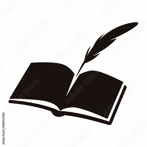 Open book with quill pen illustration for writing and education symbol