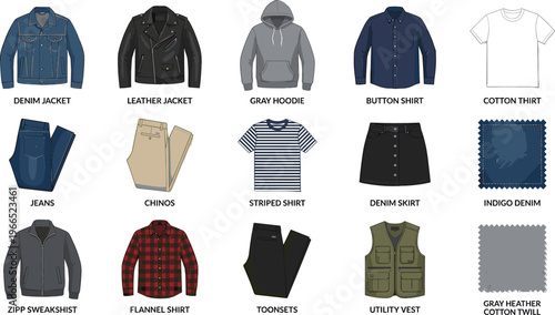 Clothing Apparel Collection Vector Set Featuring Denim Jacket Leather Jacket Hoodie Shirts Jeans Skirt Vest and Fabric Swatches for Fashion Design and Retail Use