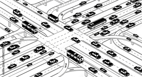 Busy Highway Intersection with Cars and Buses in Traffic.