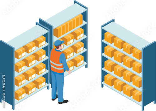 isometric warehouse worker checking inventory on storage shelves, stock management system, logistics organization, supply chain operations, distribution warehouse concept