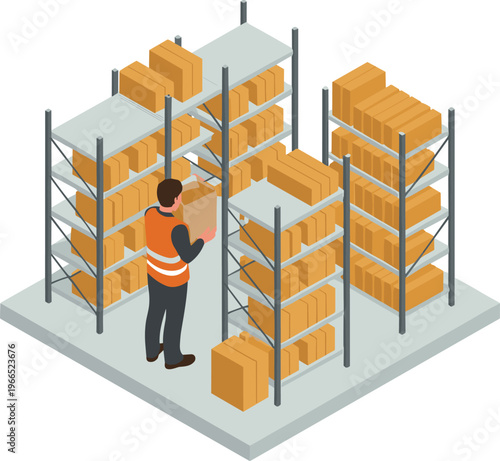 isometric warehouse worker handling inventory boxes, storage shelves system, logistics management, supply chain distribution, packaging organization, industrial warehouse illustration concept