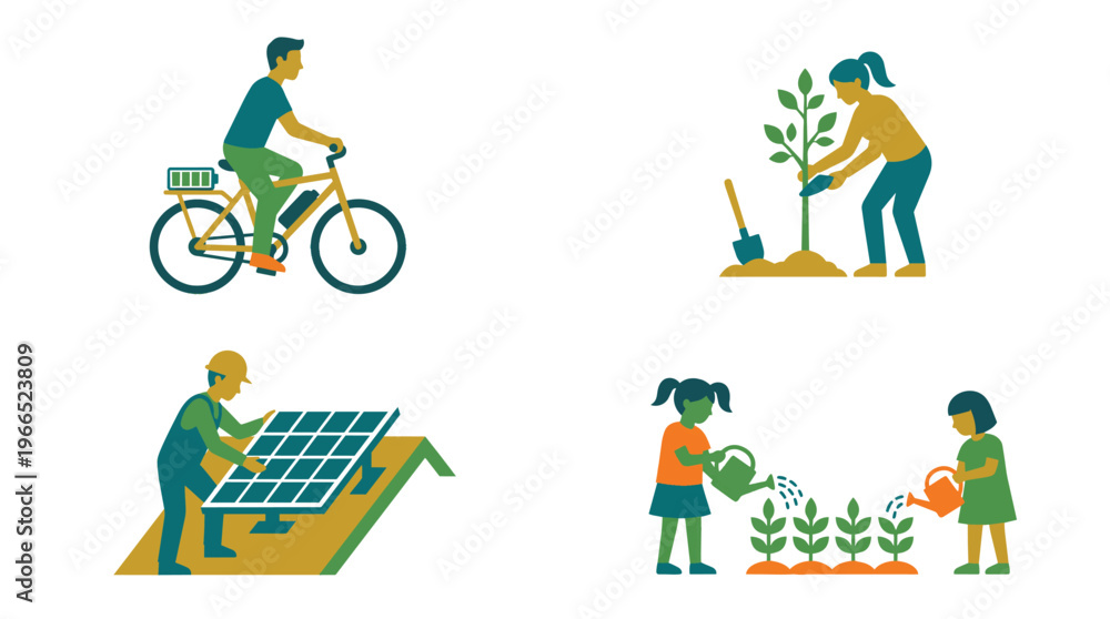 Fototapeta premium Sustainable activities: electric bike, planting, solar, watering