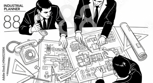 Businessmen reviewing industrial plans at a table with blueprints and a telephone.