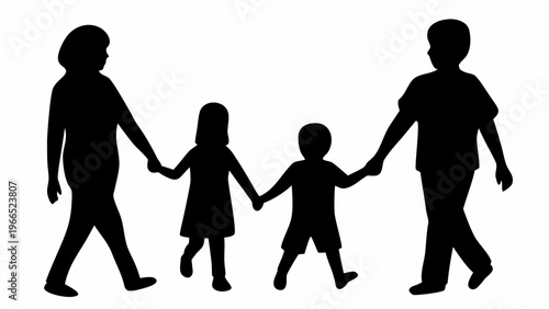 Happy family of four walking hand in hand in silhouette on white background with unity and love