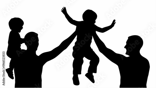 Silhouette of joyful father and family lifting child in air happy parenthood moment