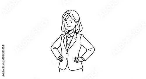 Businesswoman standing with hands on hips, confident pose, line art illustration.