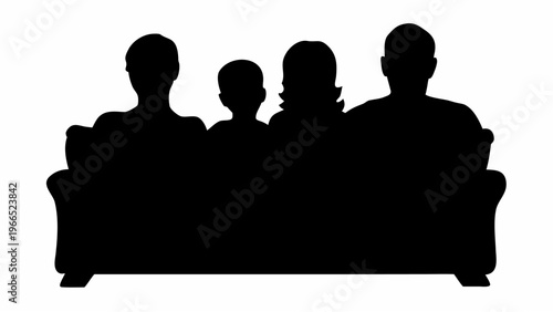 Family sitting together on sofa silhouette black and white home and living room scene with people