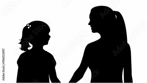 Mother and daughter holding hands in silhouette against white background