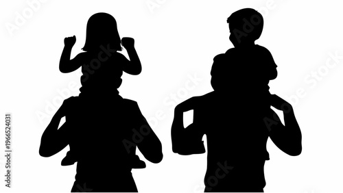 Parents carrying kids on shoulders in black silhouette happy family moment playful children riding on dad and mom's back