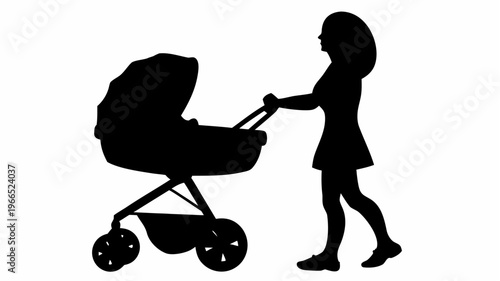 Mother pushing baby stroller silhouette urban scene black and white parenting concept family lifestyle