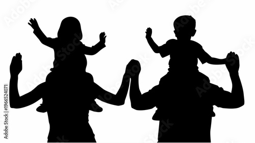 Silhouette of parents carrying kids on shoulders happy family moment playful mood black and white