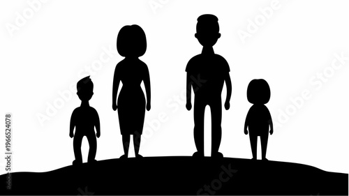 Family of four standing together on a hill in black silhouette against a white background symbolizing unity and togetherness in a simple modern style