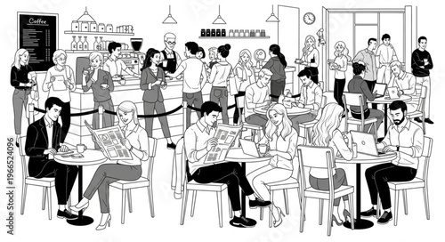 Busy cafe scene with people enjoying coffee and conversation.