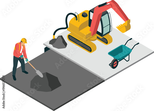 Isometric, construction, site, worker, excavator, digging, equipment, machinery, building, industry, engineering, labor, foundation, development, safety, contractor, transport, earthmoving, project,