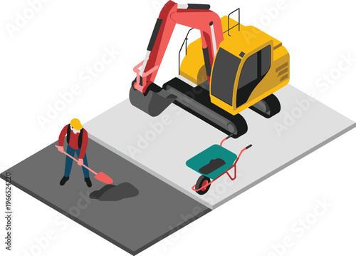Isometric, construction, site, worker, excavator, digging, machinery, equipment, building, industry, engineering, labor, foundation, development, safety, contractor, earthmoving, project, work,