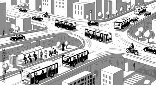 Busy City Intersection with Traffic and Pedestrians.