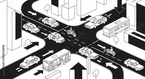 Busy City Intersection with Traffic Flow and Vehicles.