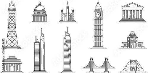 Famous Landmark Line Art Icons Set with Iconic Buildings, Towers, and Monuments for Travel and Architecture Designs