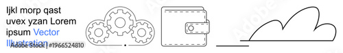 Cloud computing, digital finance, online transactions, fintech solutions, software integration, data processing. Image showing gears, cloud and wallet design. Cloud computing and digital finance