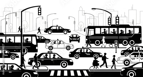 Busy City Street Scene with Traffic and Pedestrians.