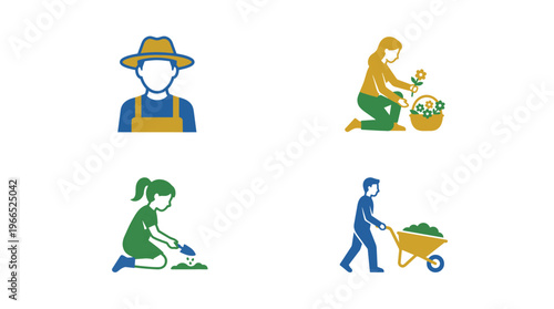 People gardening icons in balanced panorama layout