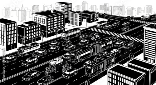 Busy City Street with Heavy Traffic and Tall Buildings.