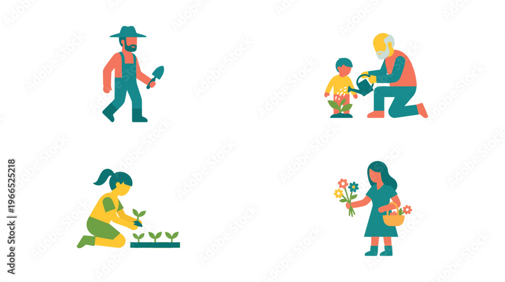 Fototapeta premium Icons show people gardening and picking flowers