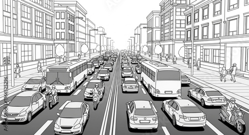 Busy City Street with Traffic Congestion and Buildings.