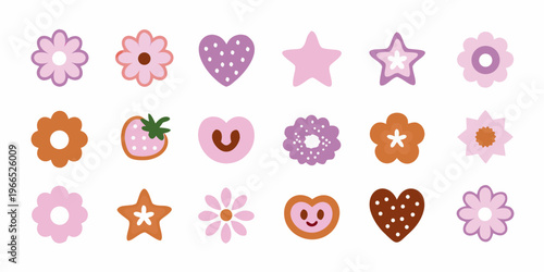 Colorful assortment of whimsical flower and cookie shaped stickers