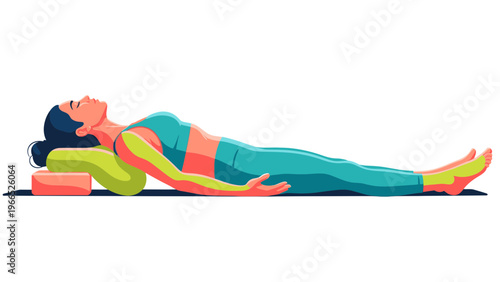 Woman Relaxing in Savasana Pose with Yoga Bolster and Block, Peaceful Restorative Yoga Session, Wellness and Mindfulness Lifestyle Vector Illustration