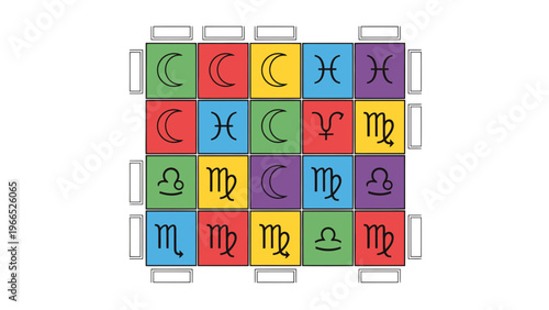 Zodiac Constellations and Symbols Grid Vector Illustration, Astrology and Horoscope Concept, Graphic Design Template