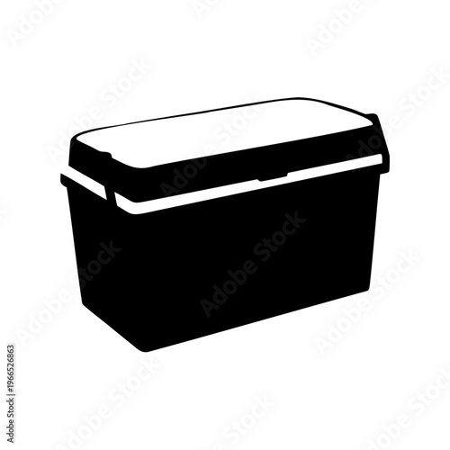 Isolated black and white graphic representation of a storage box with a lid