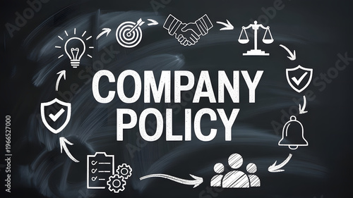 corporate policy chalkboard infographic, centered bold hand-drawn chalk typography reading “COMPANY POLICY” in white uppercase, created with generative ai
