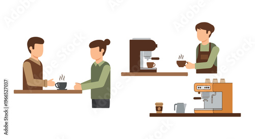 Flat illustration of a barista serving coffee to a customer while another barista works behind the counter with a coffee machine.