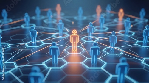 Network connections with central figure and surrounding people icons