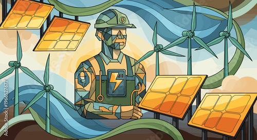 Man in hard hat with solar panels.