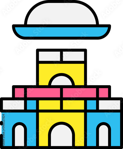 Colorful illustration of a fantasy castle with a flying saucer hovering above it.